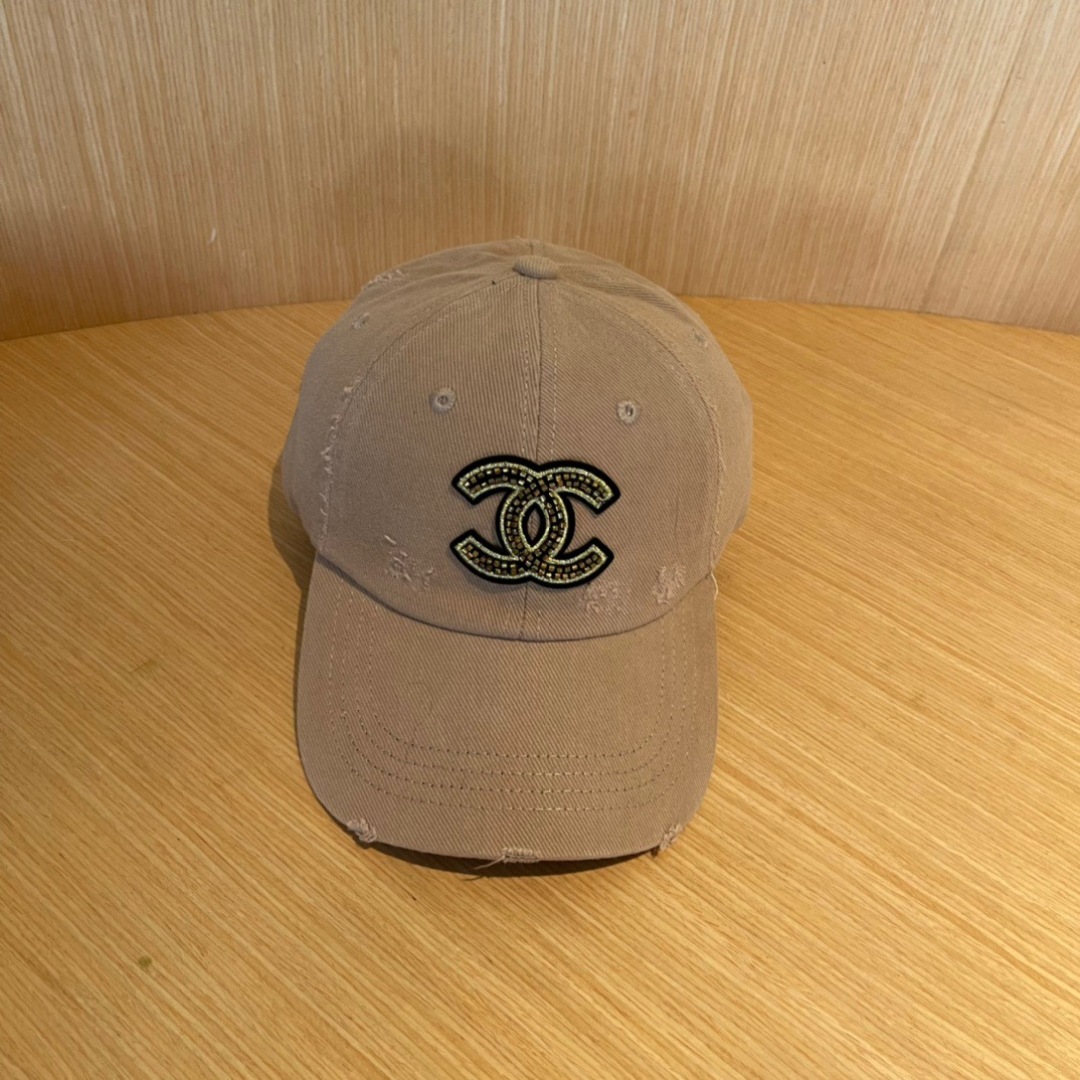 CHANEL Distressed Khaki Cotton Cap with Crystal Double-C Logo