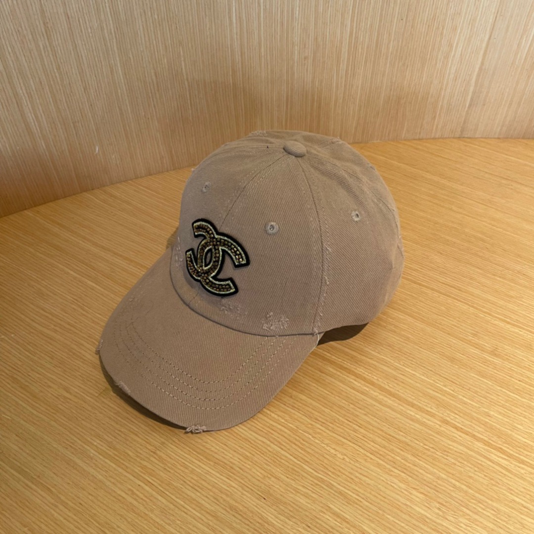 CHANEL Distressed Khaki Cotton Cap with Crystal Double-C Logo - Image 3