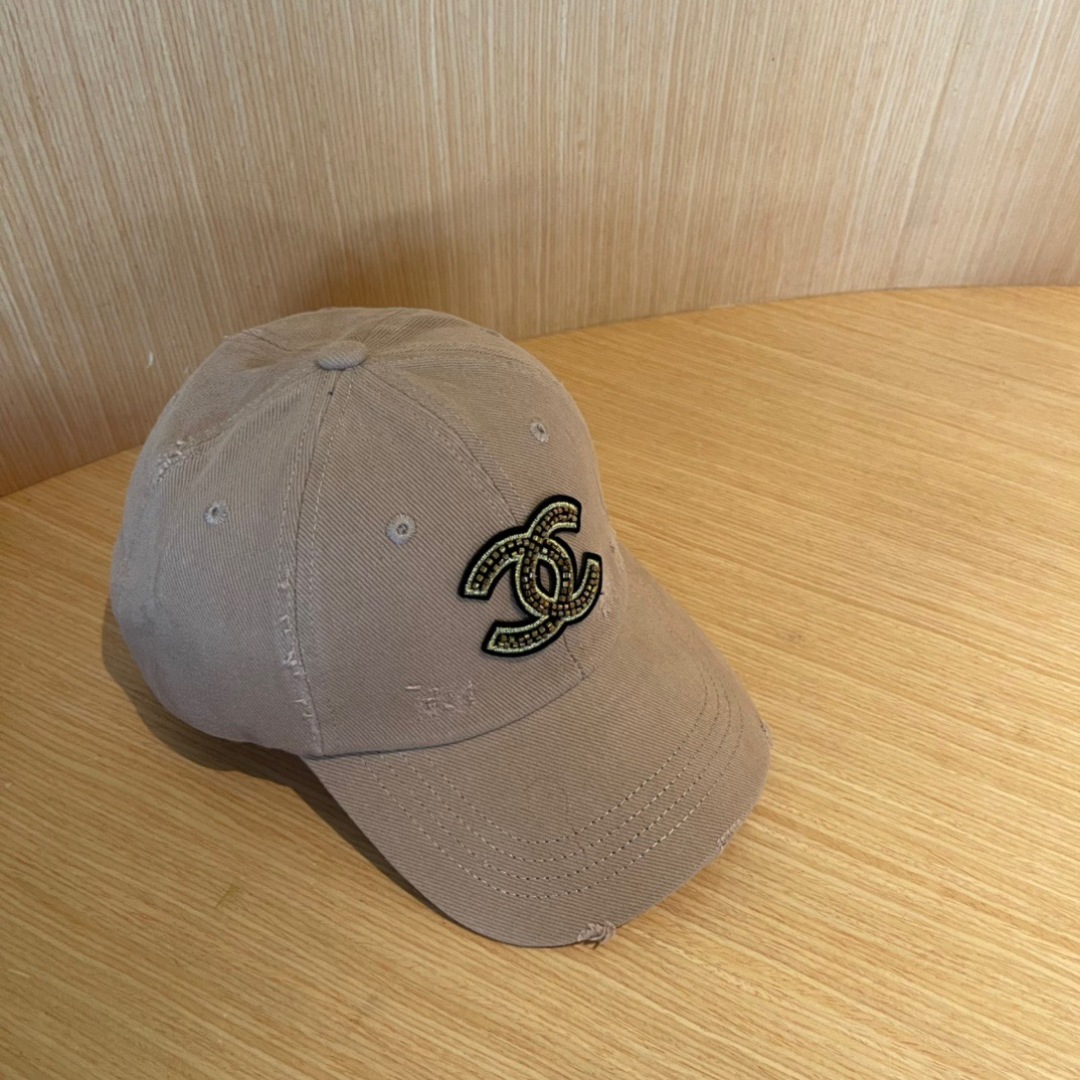 CHANEL Distressed Khaki Cotton Cap with Crystal Double-C Logo - Image 4