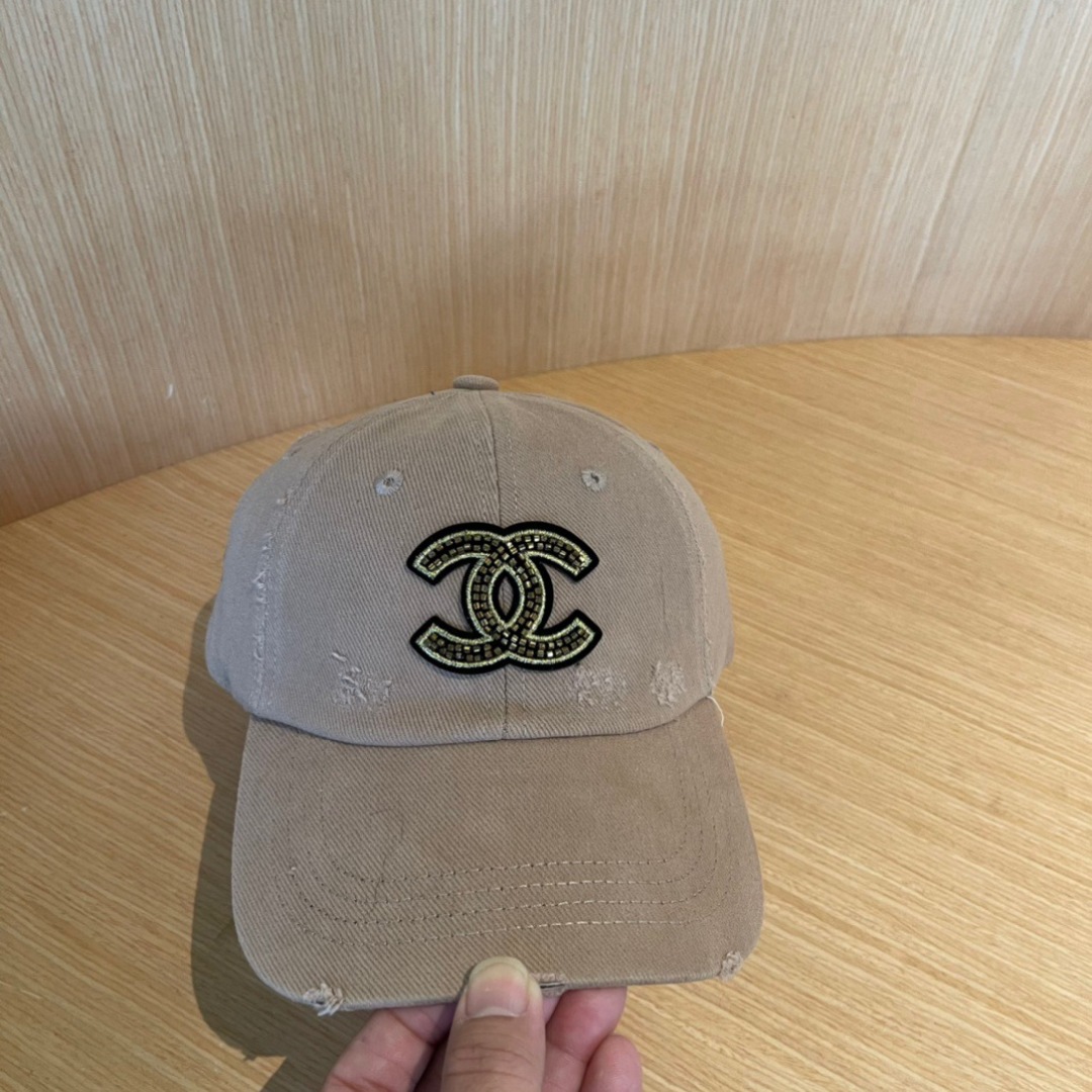 CHANEL Distressed Khaki Cotton Cap with Crystal Double-C Logo - Image 5