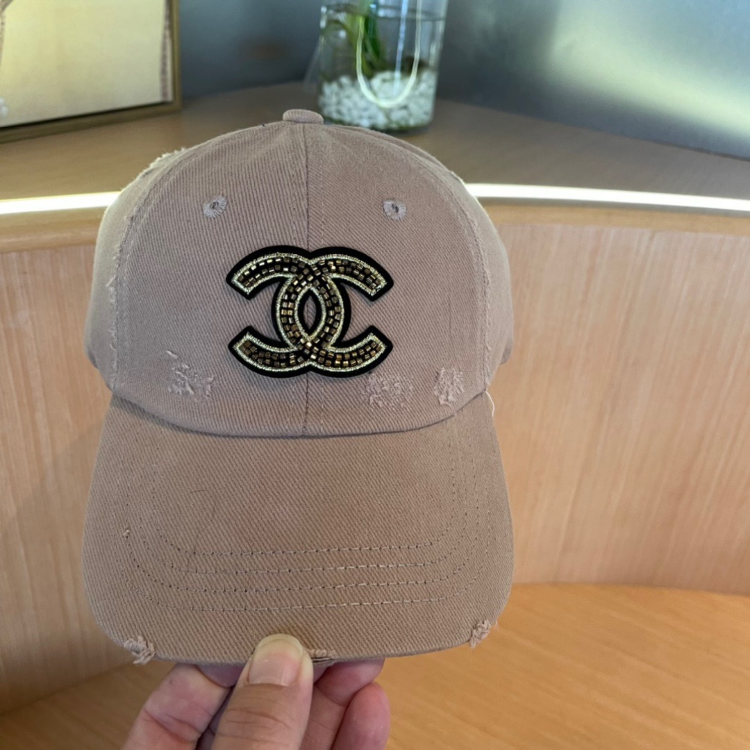 CHANEL Distressed Khaki Cotton Cap with Crystal Double-C Logo - Image 6