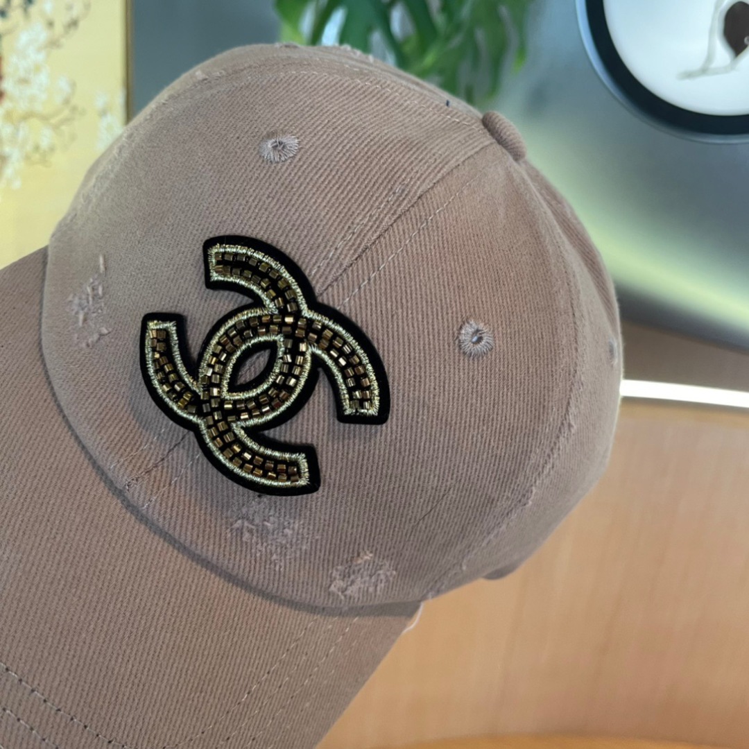 CHANEL Distressed Khaki Cotton Cap with Crystal Double-C Logo - Image 7