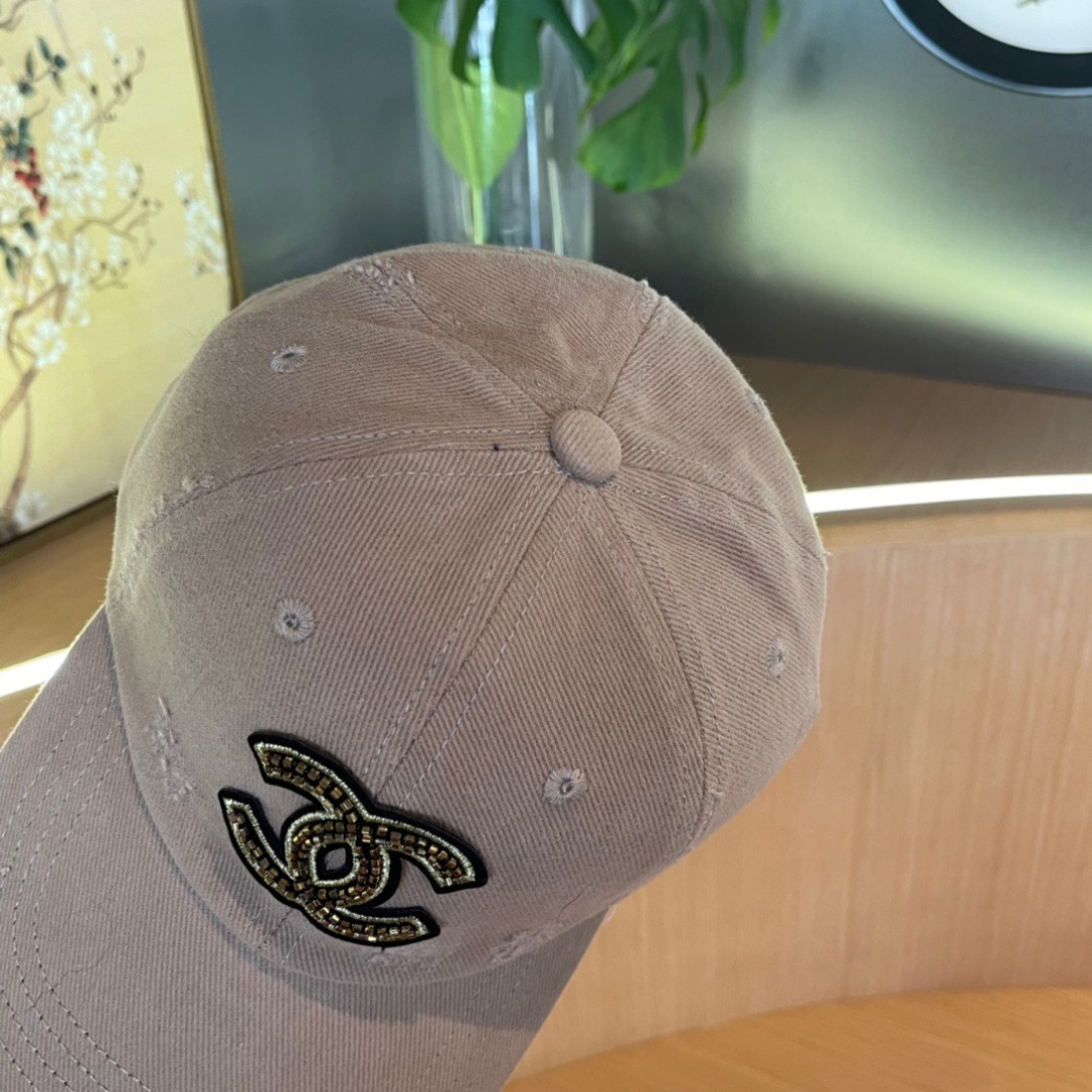 CHANEL Distressed Khaki Cotton Cap with Crystal Double-C Logo - Image 8