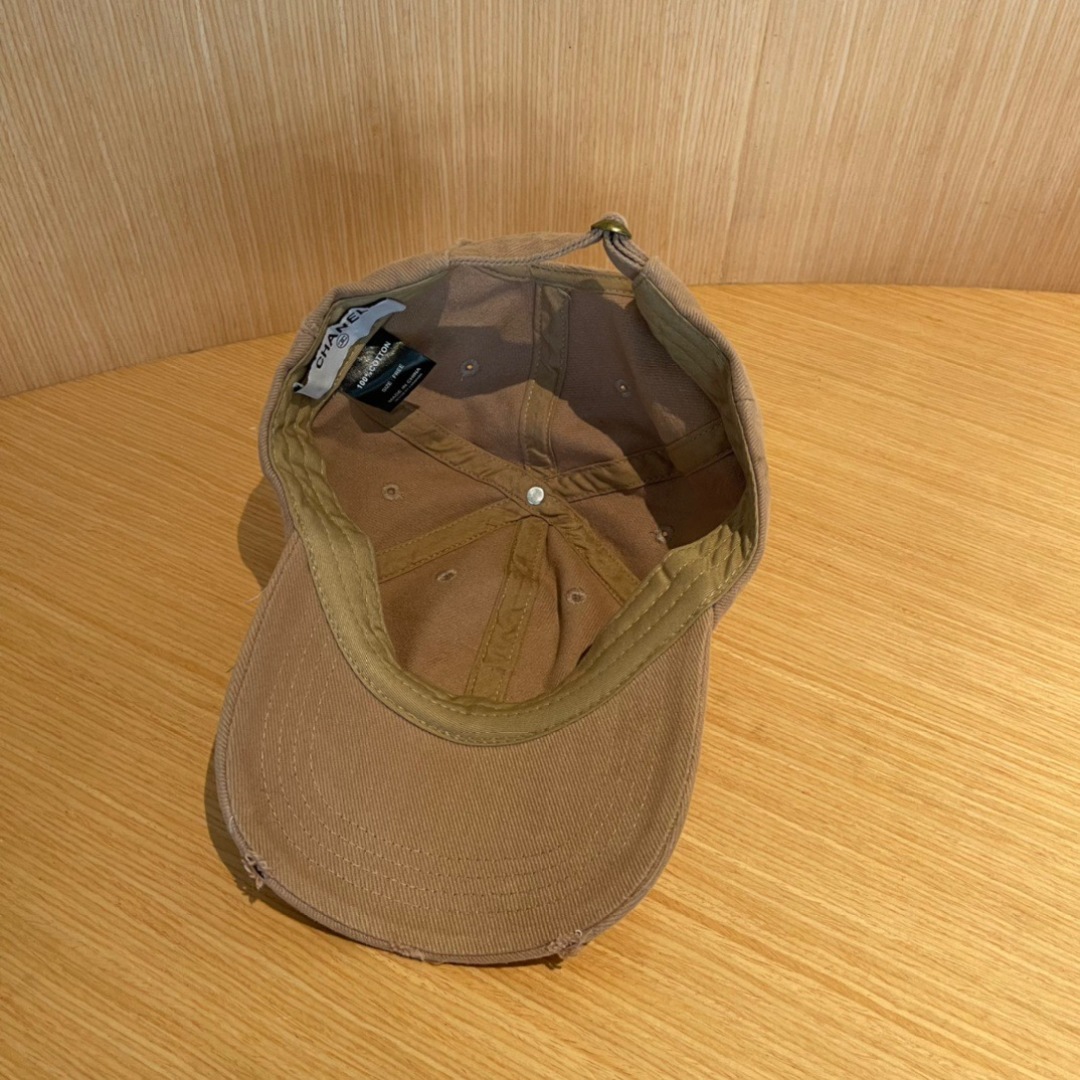 CHANEL Distressed Khaki Cotton Cap with Crystal Double-C Logo - Image 9