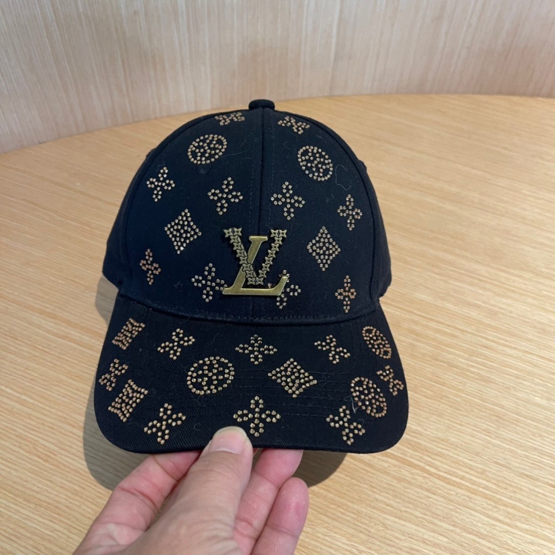 Black Rhinestone Baseball Cap with LV-Inspired Logo Accent - Image 5