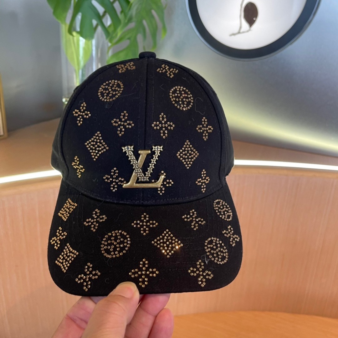 Black Rhinestone Baseball Cap with LV-Inspired Logo Accent - Image 6