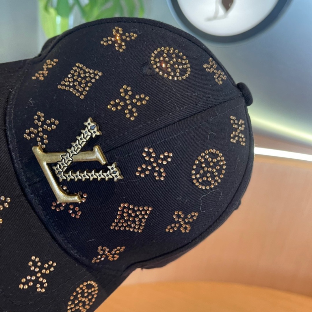 Black Rhinestone Baseball Cap with LV-Inspired Logo Accent - Image 7