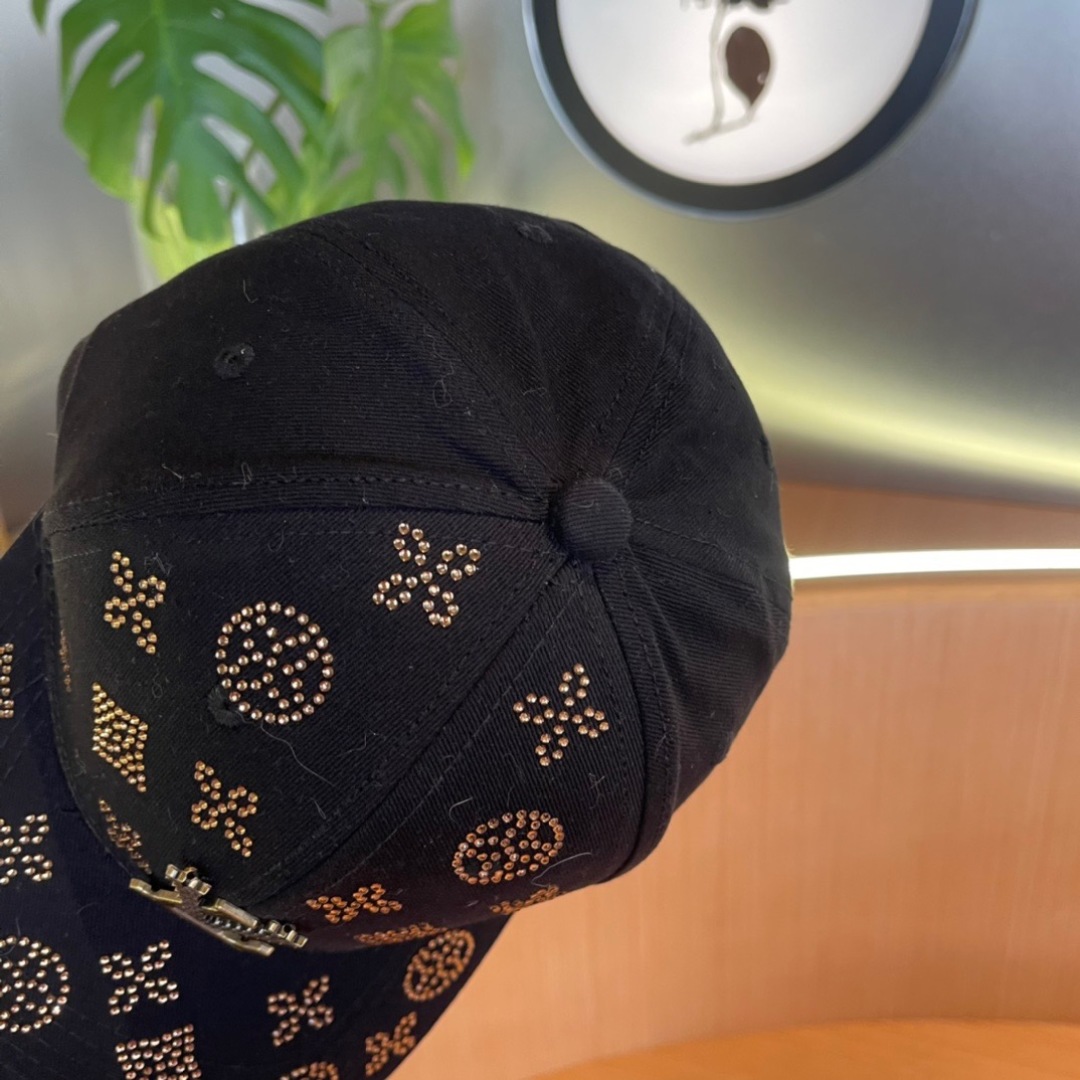 Black Rhinestone Baseball Cap with LV-Inspired Logo Accent - Image 8