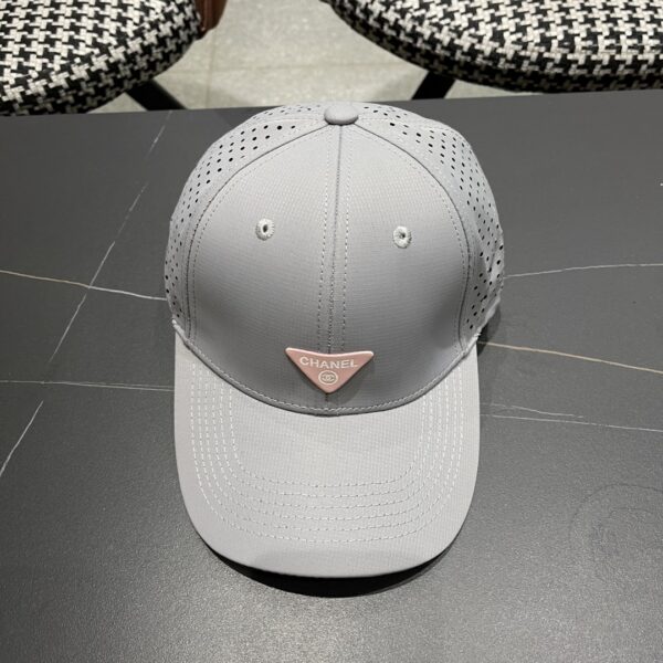 CHANEL 2025 Mist Grey Mesh Baseball Cap with Pink Logo Badge
