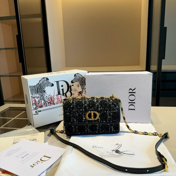Dior Miss Caro Tweed Shoulder Bag – Elegant Black with Gold Chain 18CM