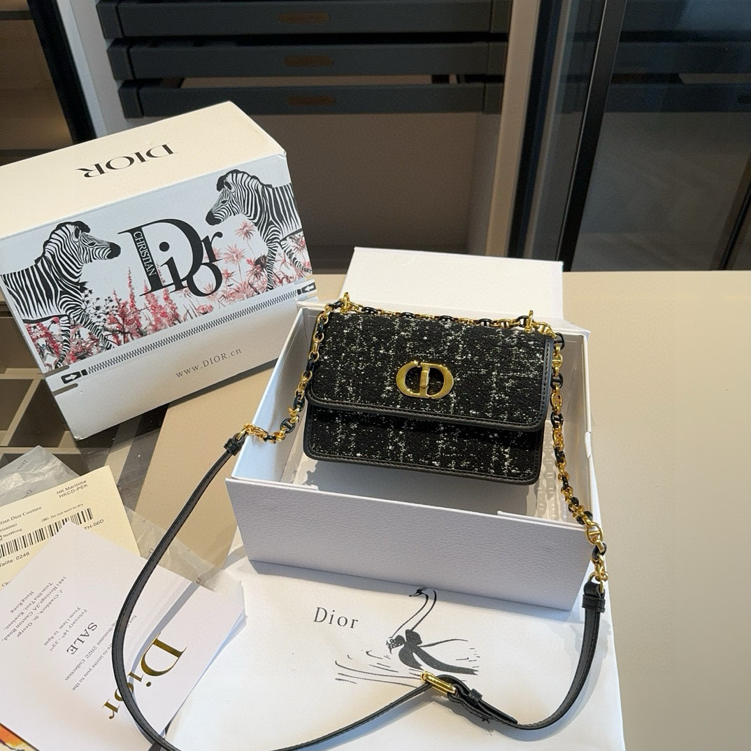 Dior Miss Caro Tweed Shoulder Bag – Elegant Black with Gold Chain 18CM - Image 2