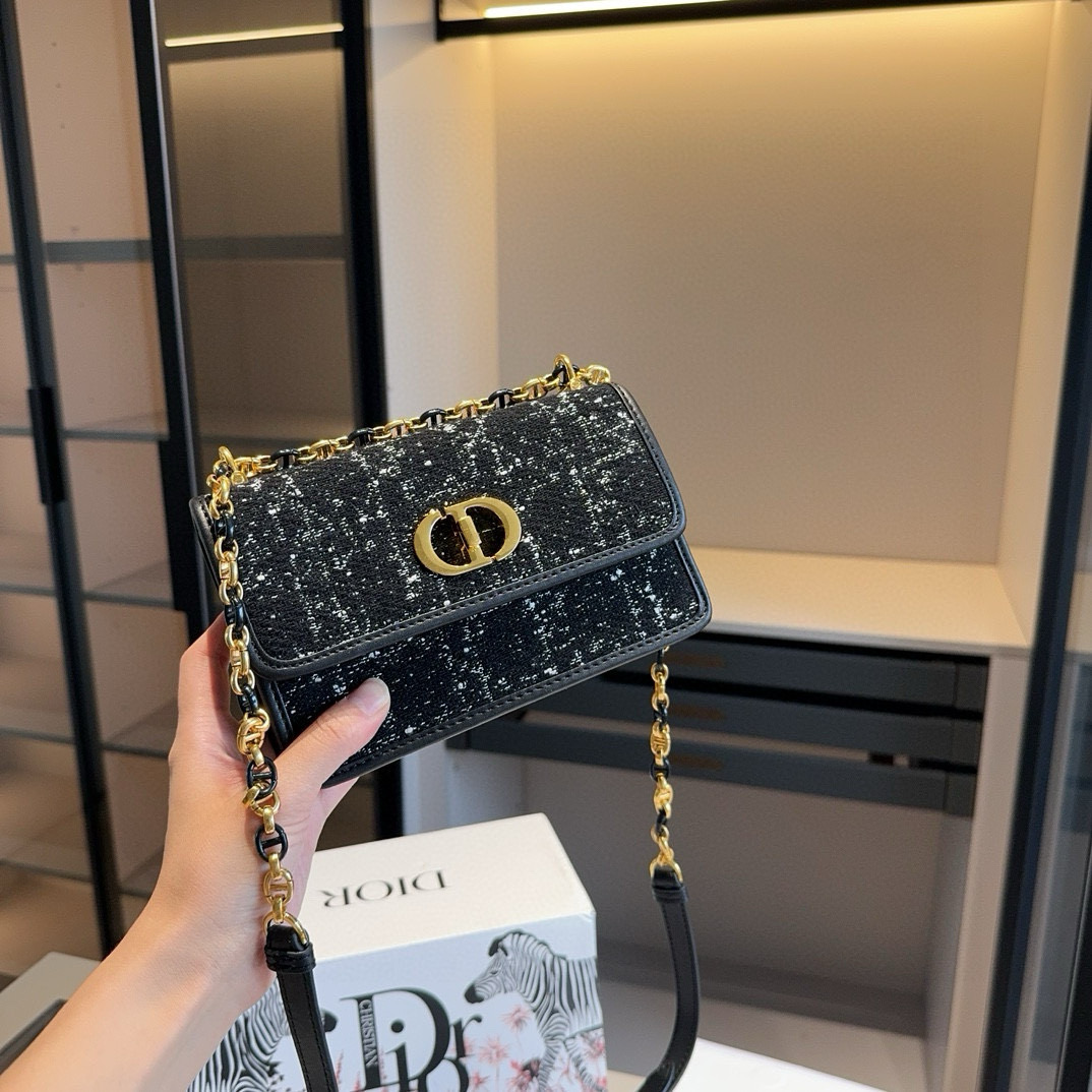 Dior Miss Caro Tweed Shoulder Bag – Elegant Black with Gold Chain 18CM - Image 3