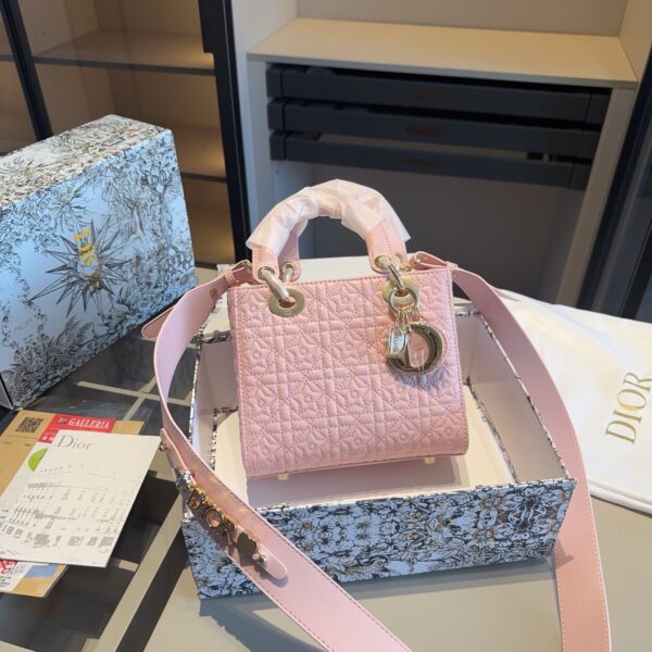 Dior Lady Star-Embossed Leather Bag – Blush Pink with Gold Hardware  20cm