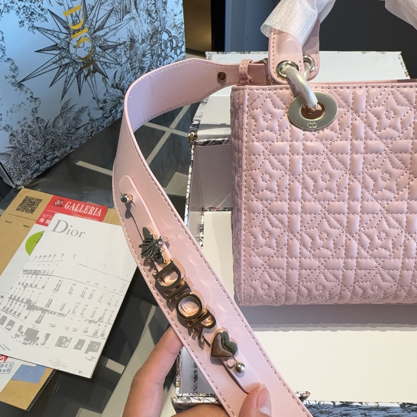 Dior Lady Star-Embossed Leather Bag – Blush Pink with Gold Hardware 20cm - Image 3