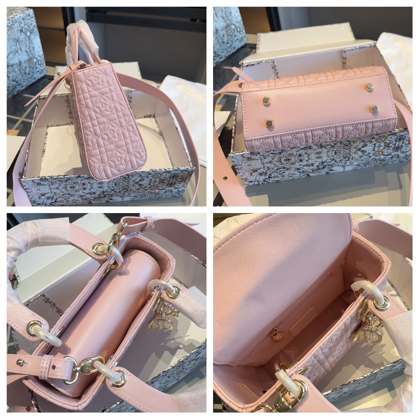 Dior Lady Star-Embossed Leather Bag – Blush Pink with Gold Hardware 20cm - Image 9