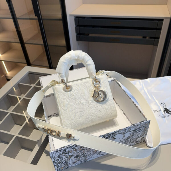 Dior Lady Embossed Leather Bag – Ivory White with Gold Hardware  20cm