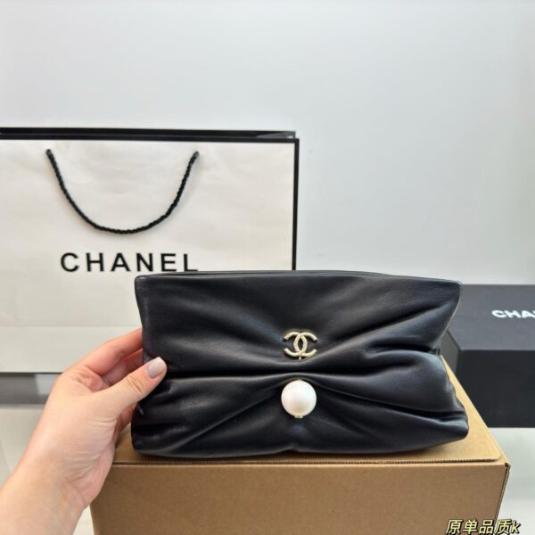 Soft Lambskin Clutch with Gold Logo & Pearl Accent
