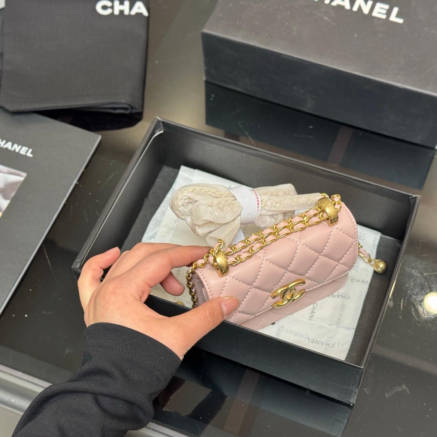 Mini Quilted Leather WOC Bag in Blush Pink with Gold Chain, 12×9cm Chanel-Inspired Micro Edition - Image 3
