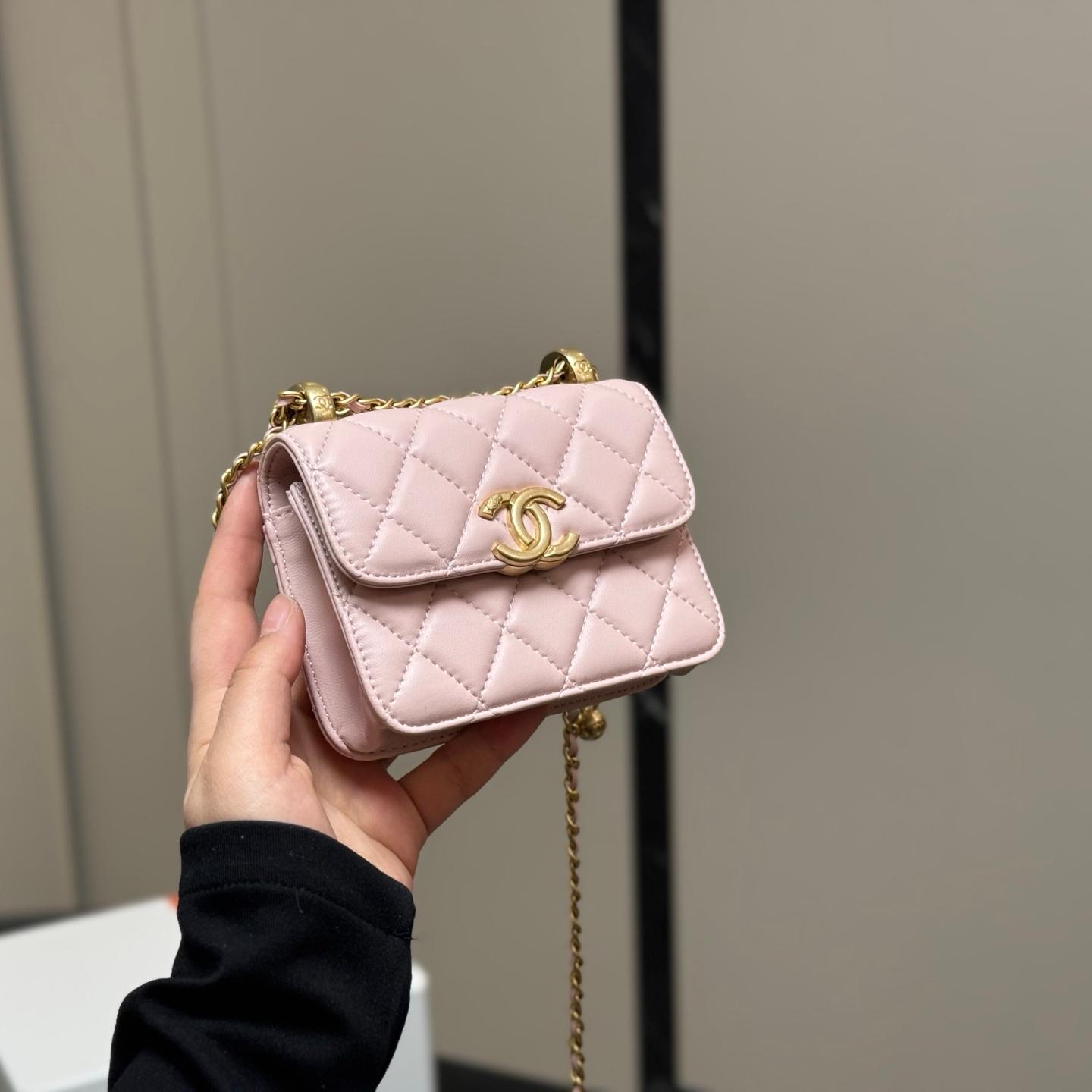 Mini Quilted Leather WOC Bag in Blush Pink with Gold Chain, 12×9cm Chanel-Inspired Micro Edition - Image 9