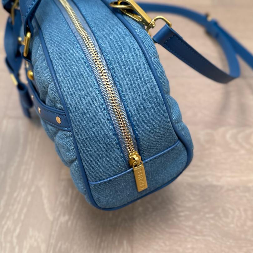 Chanel-Inspired Quilted Denim Top Handle Bag in Blue with Removable Strap, 28cm Sport-Chic Edition - Image 2