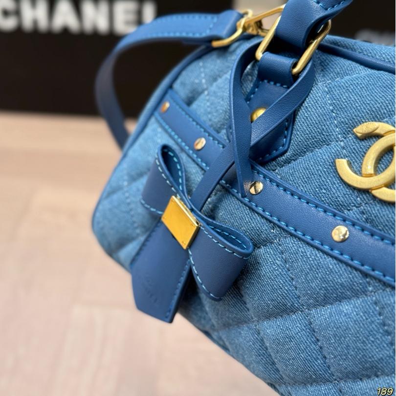 Chanel-Inspired Quilted Denim Top Handle Bag in Blue with Removable Strap, 28cm Sport-Chic Edition - Image 3