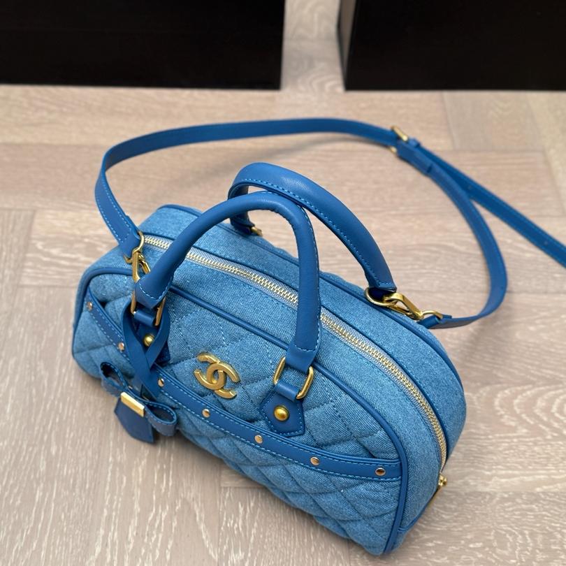 Chanel-Inspired Quilted Denim Top Handle Bag in Blue with Removable Strap, 28cm Sport-Chic Edition - Image 4