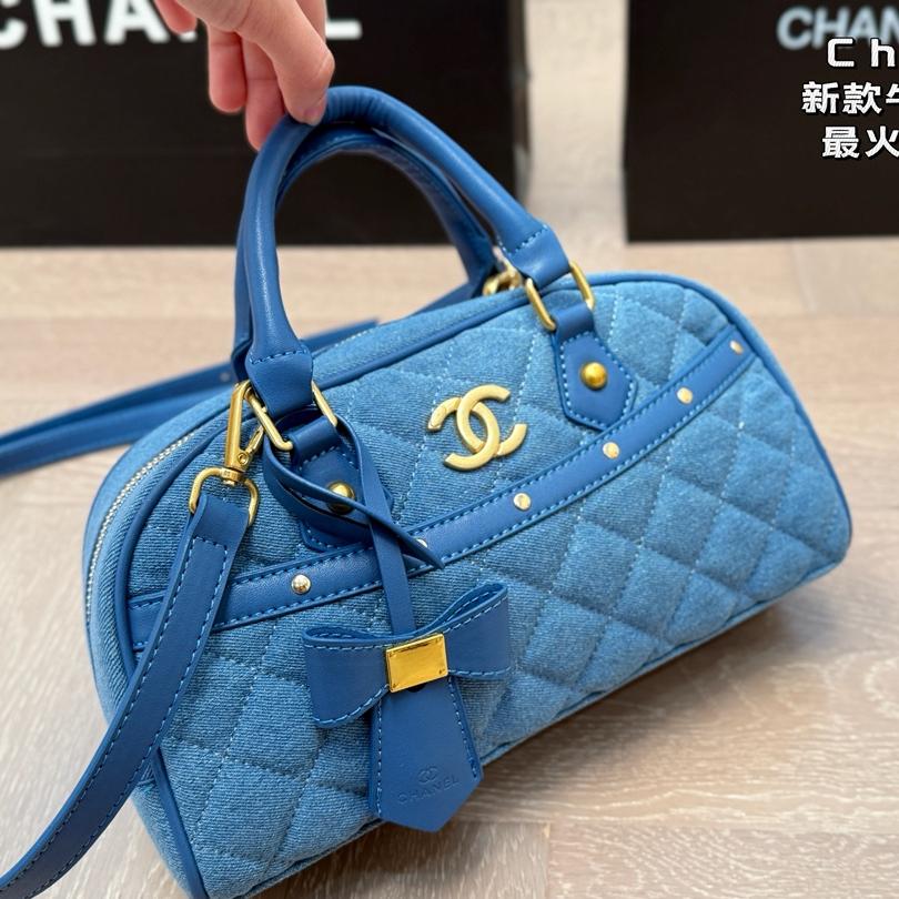 Chanel-Inspired Quilted Denim Top Handle Bag in Blue with Removable Strap, 28cm Sport-Chic Edition - Image 5