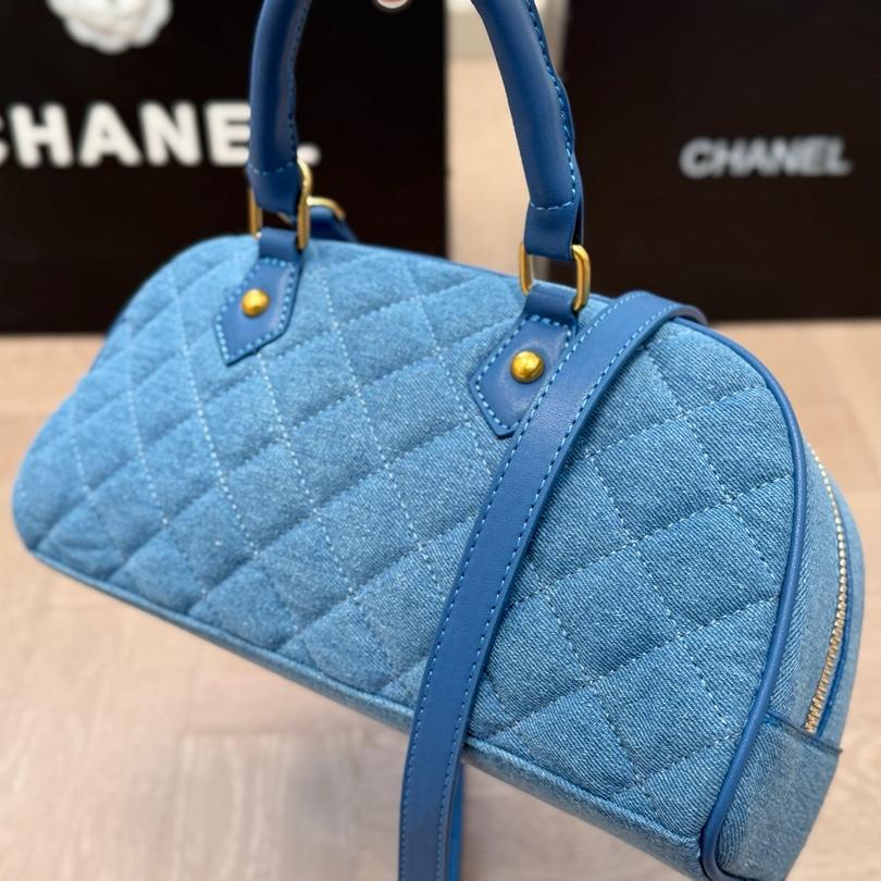 Chanel-Inspired Quilted Denim Top Handle Bag in Blue with Removable Strap, 28cm Sport-Chic Edition - Image 8