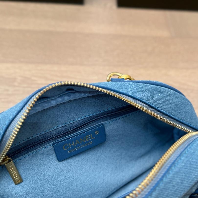 Chanel-Inspired Quilted Denim Top Handle Bag in Blue with Removable Strap, 28cm Sport-Chic Edition - Image 9