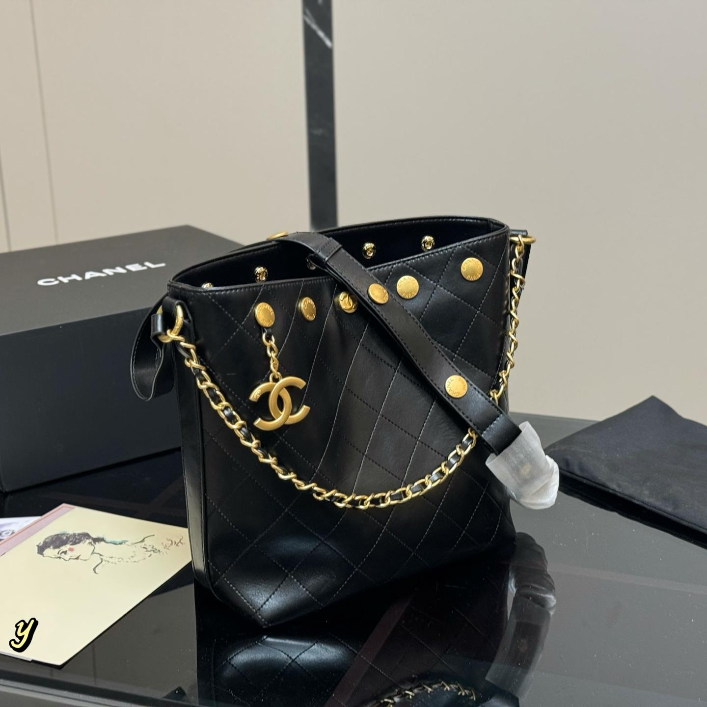 Black Quilted Leather Hobo Bucket Bag with Chain Detail 24CM