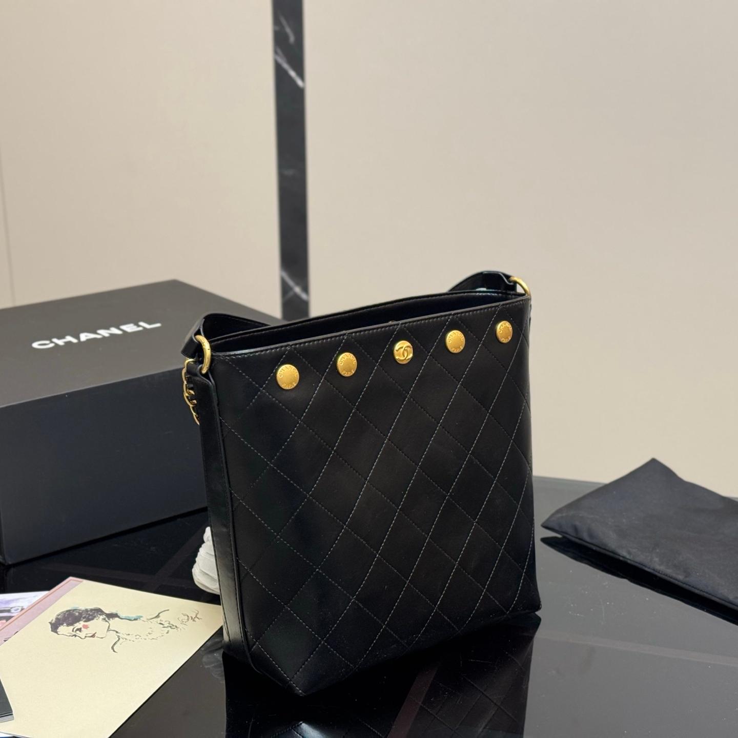 Black Quilted Leather Hobo Bucket Bag with Chain Detail 24CM - Image 3
