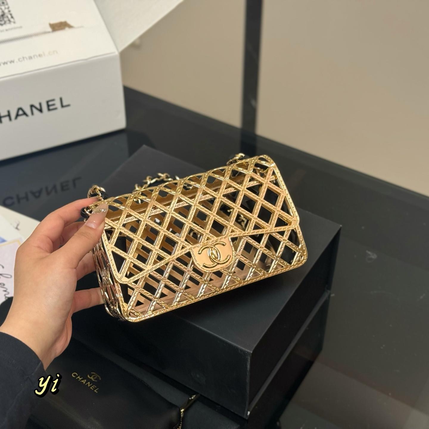 Metal Cage-Style Mini Bag – Polished Gold, 18cm - Image 2
