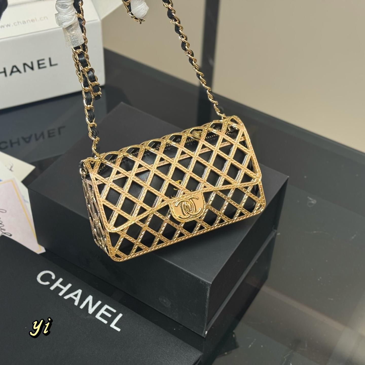 Metal Cage-Style Mini Bag – Polished Gold, 18cm - Image 3