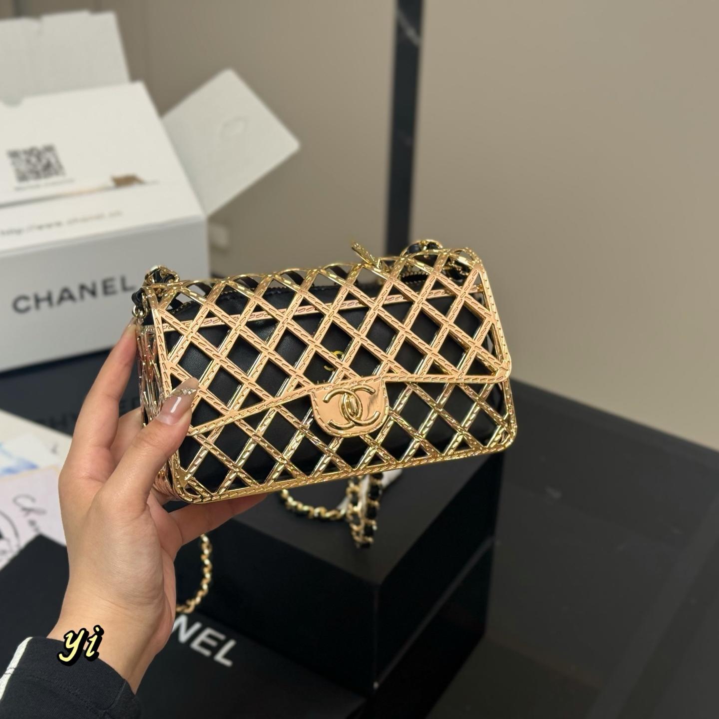 Metal Cage-Style Mini Bag – Polished Gold, 18cm - Image 5