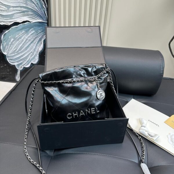 Mini Black Leather Chain Bag – Quilted Drawstring  20cm