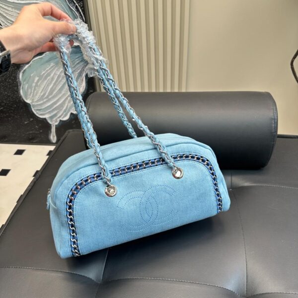 Washed Denim Bowling Bag with Chain Handles – 33cm