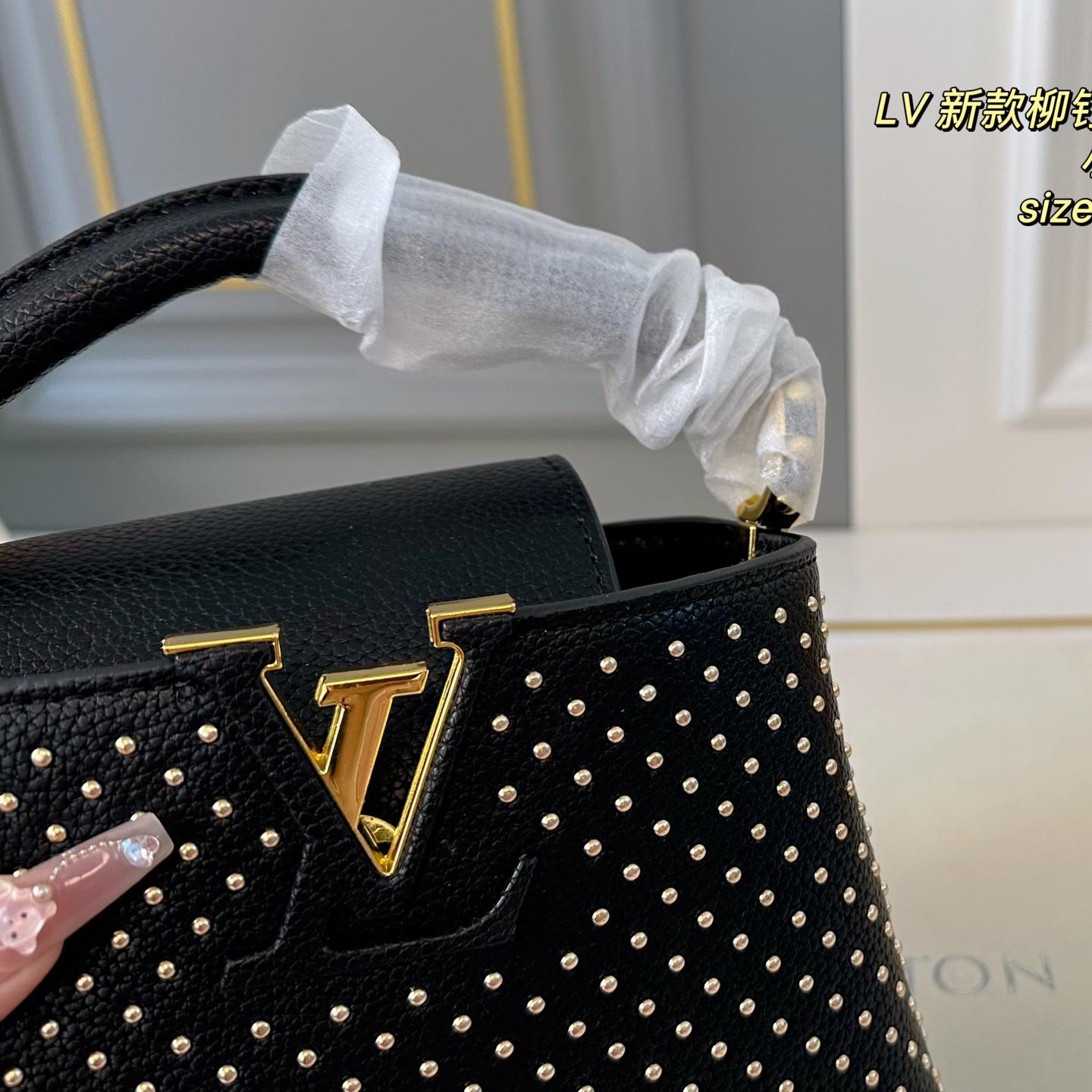 Louis Vuitton Capucines Mini Studded Bag – Black Leather Top Handle 20CM - Image 4
