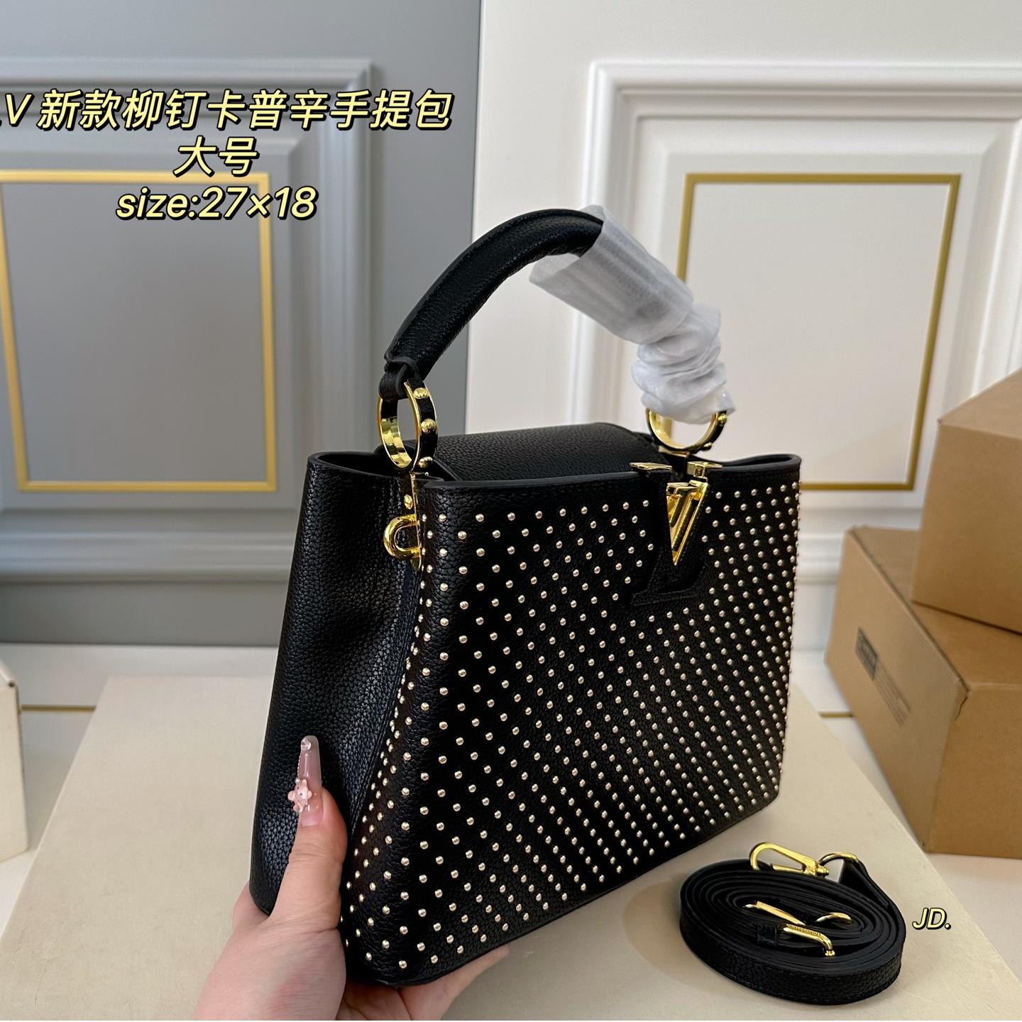 Louis Vuitton Capucines MM Studded Bag – Black Grained Leather Tote 27CM - Image 2