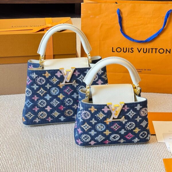 Luxury Denim Capucines Bag with White Leather and Gold LV Detail  20CM/27CM