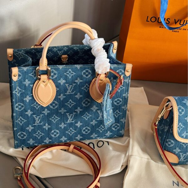LV Mini Onthego Tote in Denim Monogram – 25cm Blue Canvas Bag