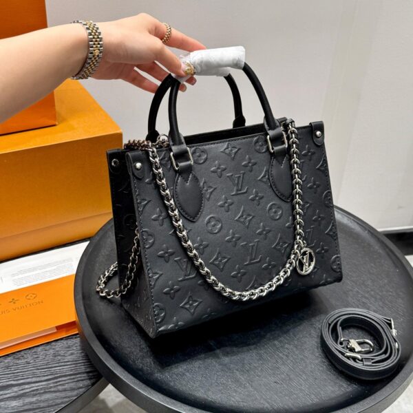 Mini LV Onthego Tote in Black Embossed Leather with Chain Strap – 25cm