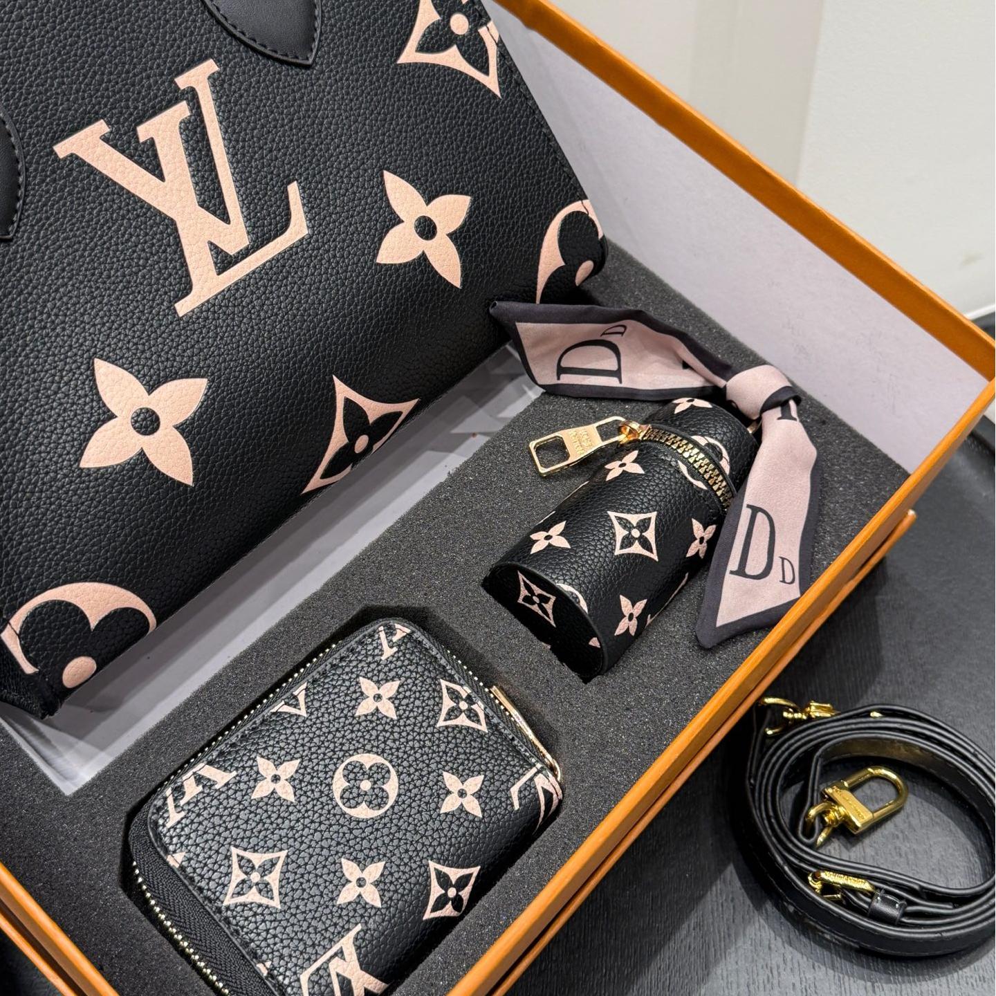 LV Onthego Jungle Tote Set – 25cm Black Embossed Monogram with Card Holder & Key Pouch - Image 3