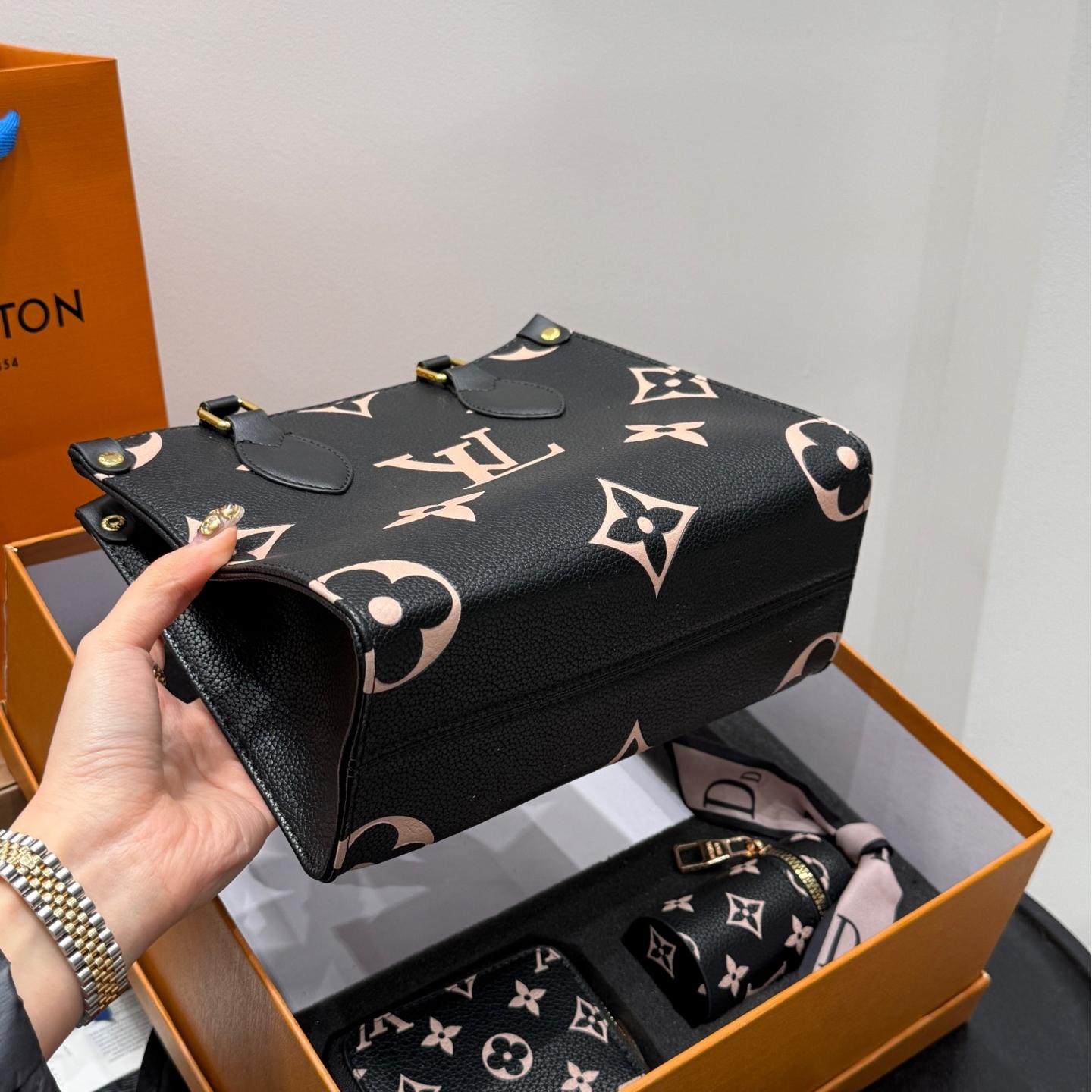 LV Onthego Jungle Tote Set – 25cm Black Embossed Monogram with Card Holder & Key Pouch - Image 5