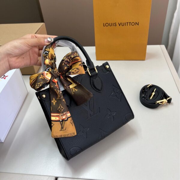 Mini Black Embossed LV Onthego Tote with Scarf – 18cm Elegant Edition