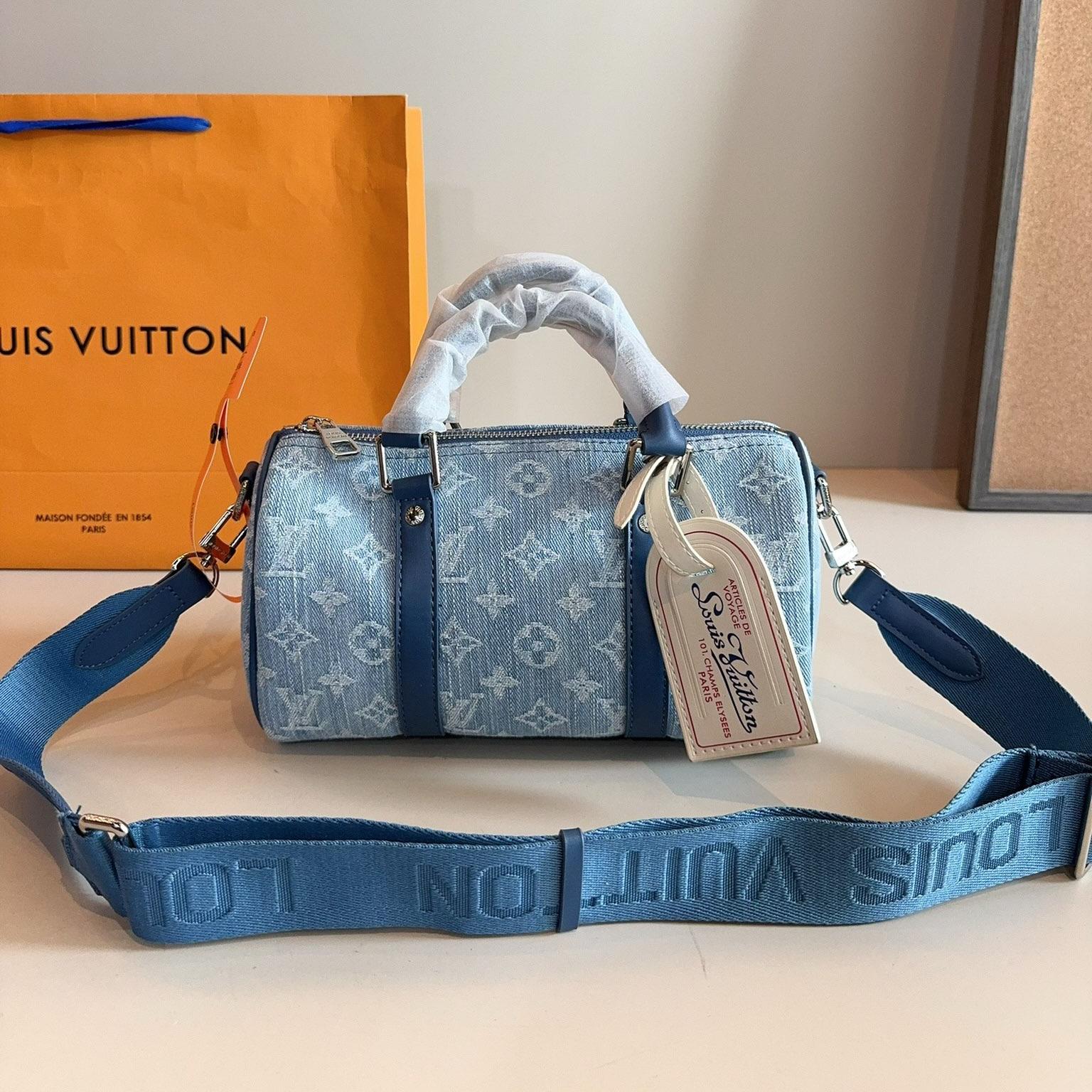LV Speedy 25 Blue Denim Monogram Bag with Wide Strap – Retro Shoulder Barrel 25CM