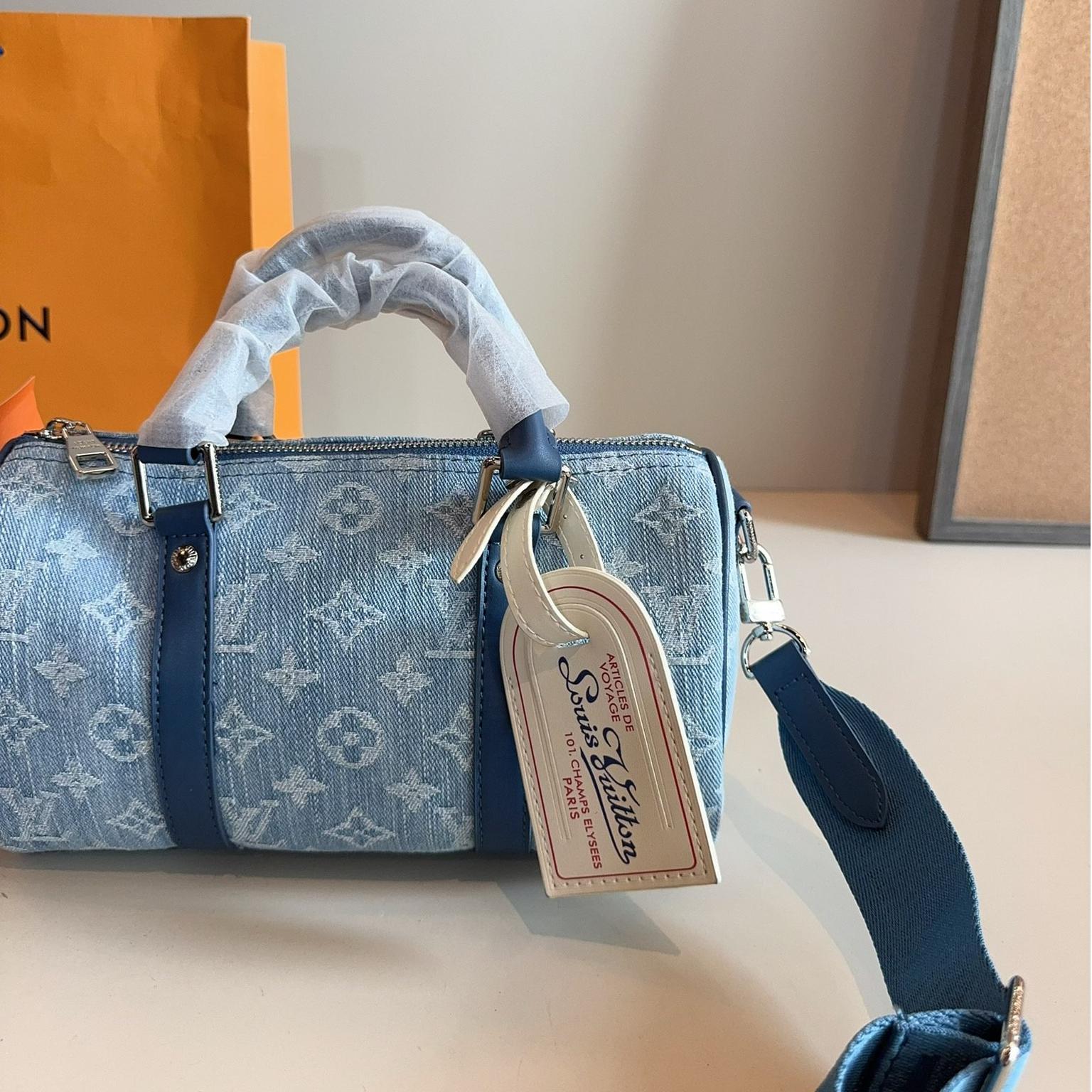 LV Speedy 25 Blue Denim Monogram Bag with Wide Strap – Retro Shoulder Barrel 25CM - Image 2