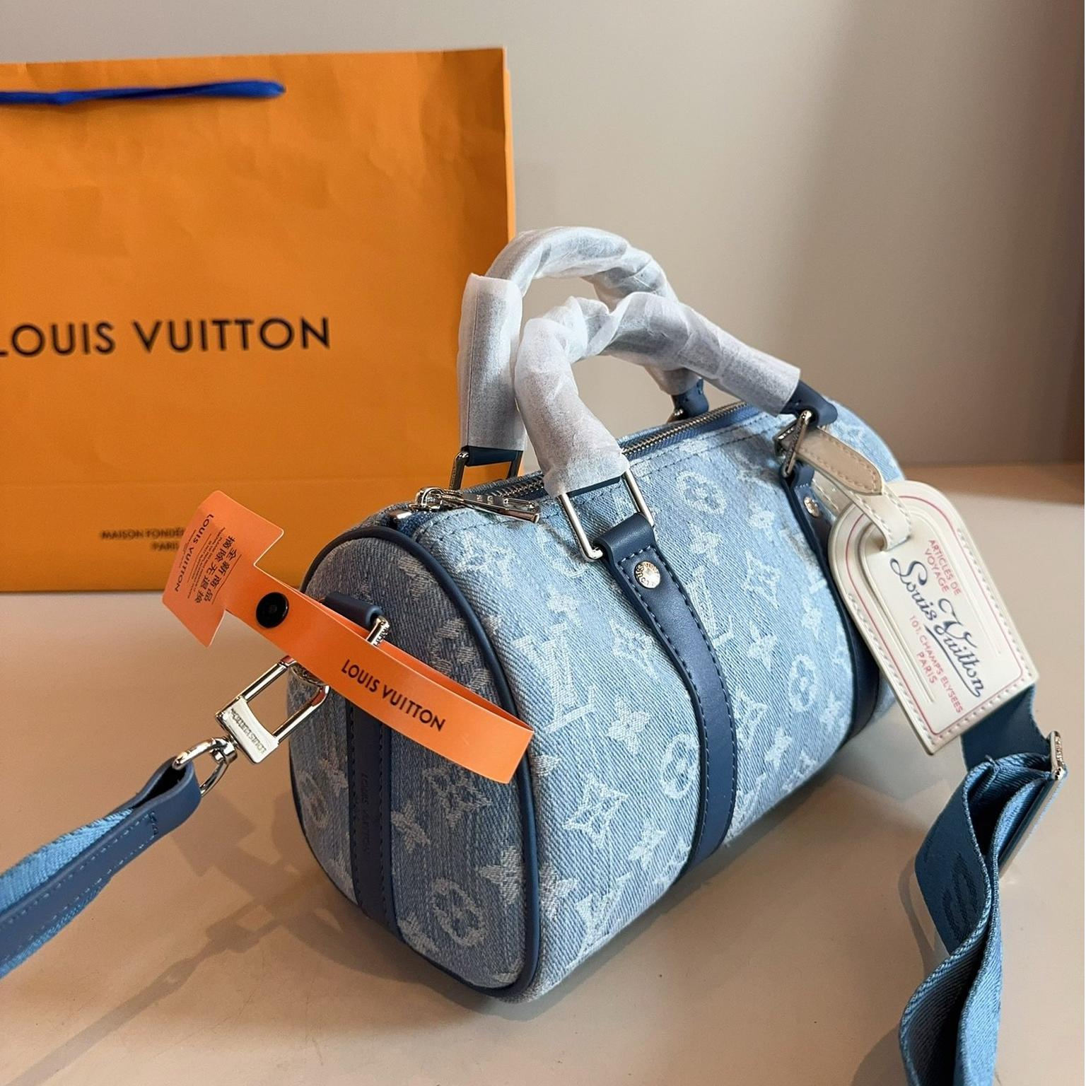 LV Speedy 25 Blue Denim Monogram Bag with Wide Strap – Retro Shoulder Barrel 25CM - Image 3