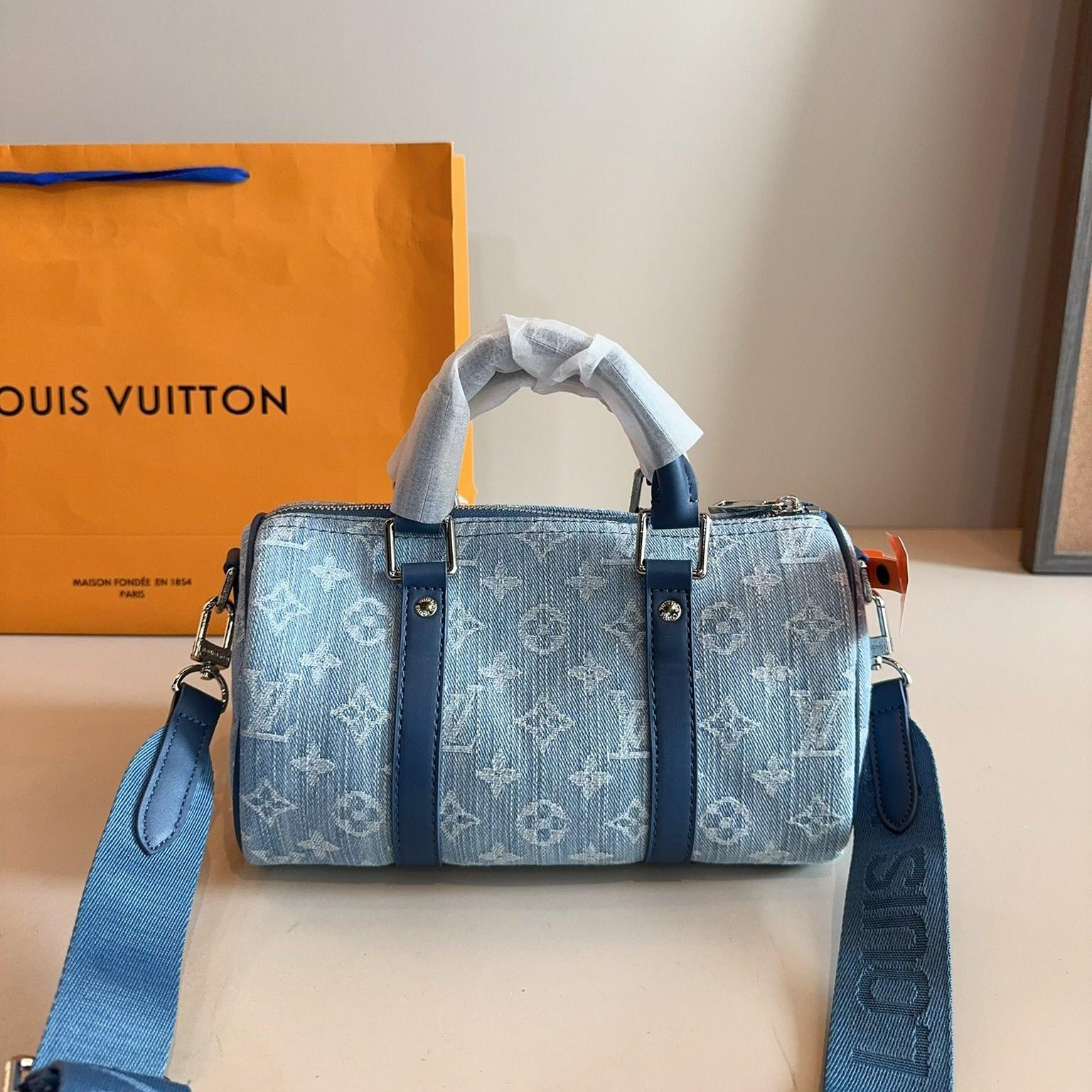 LV Speedy 25 Blue Denim Monogram Bag with Wide Strap – Retro Shoulder Barrel 25CM - Image 4