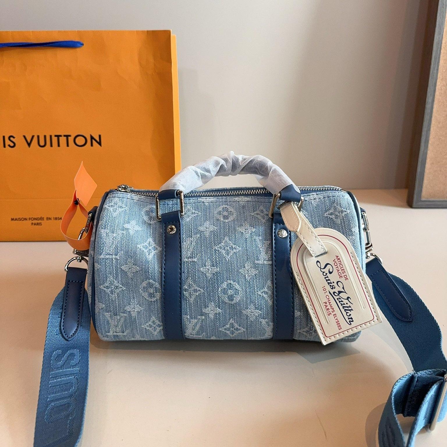 LV Speedy 25 Blue Denim Monogram Bag with Wide Strap – Retro Shoulder Barrel 25CM - Image 6