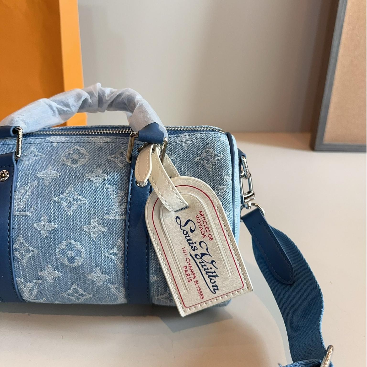 LV Speedy 25 Blue Denim Monogram Bag with Wide Strap – Retro Shoulder Barrel 25CM - Image 7